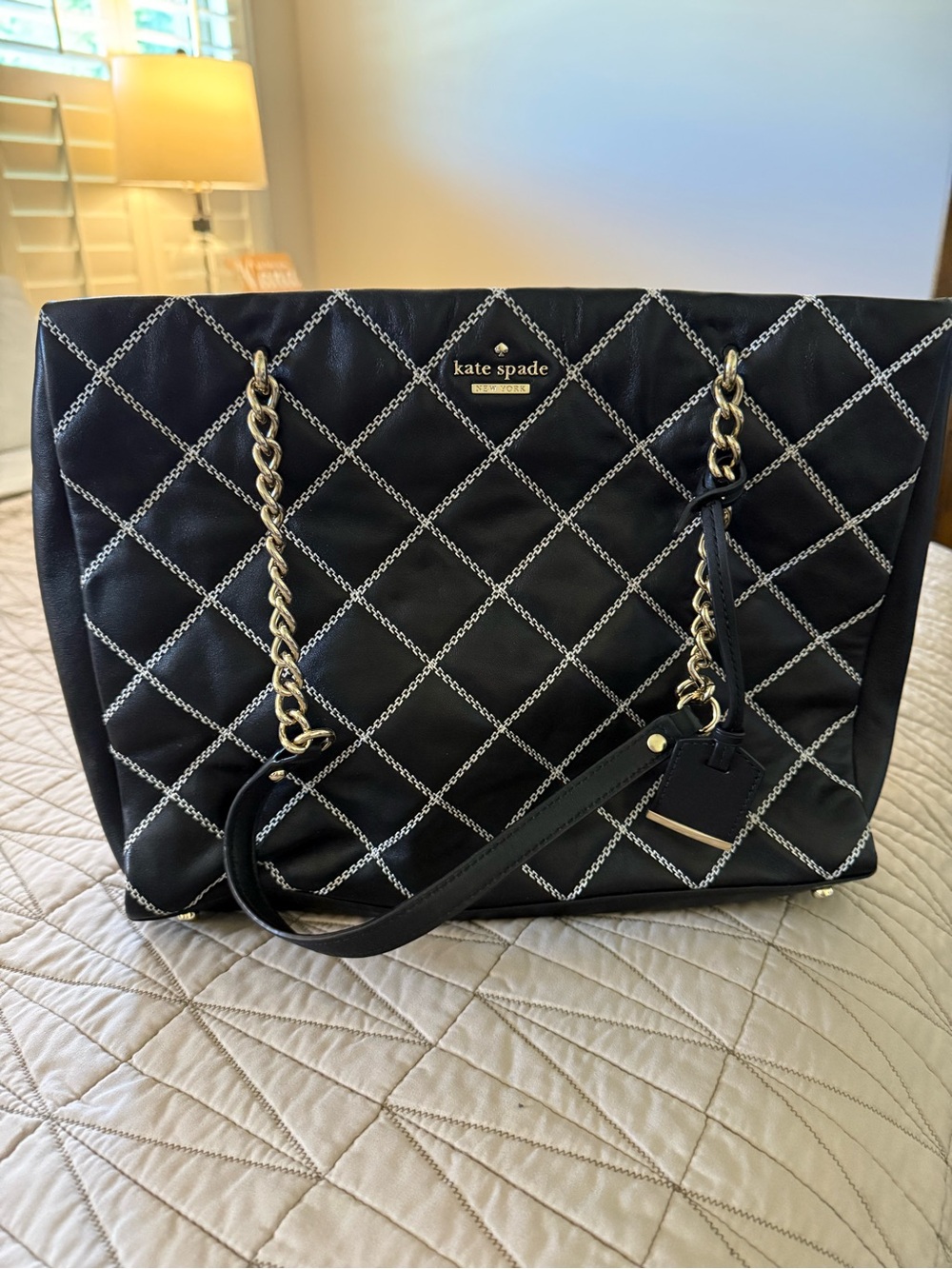kate spade Black Quilted Tote with Gold Chain Straps
